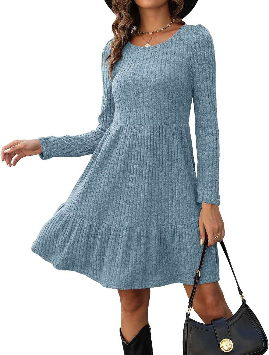 AGSEEM Womens Winter Crewneck Long Sleeve Dresses Knee Length Knit Sweater Dress 06-Blue / Large