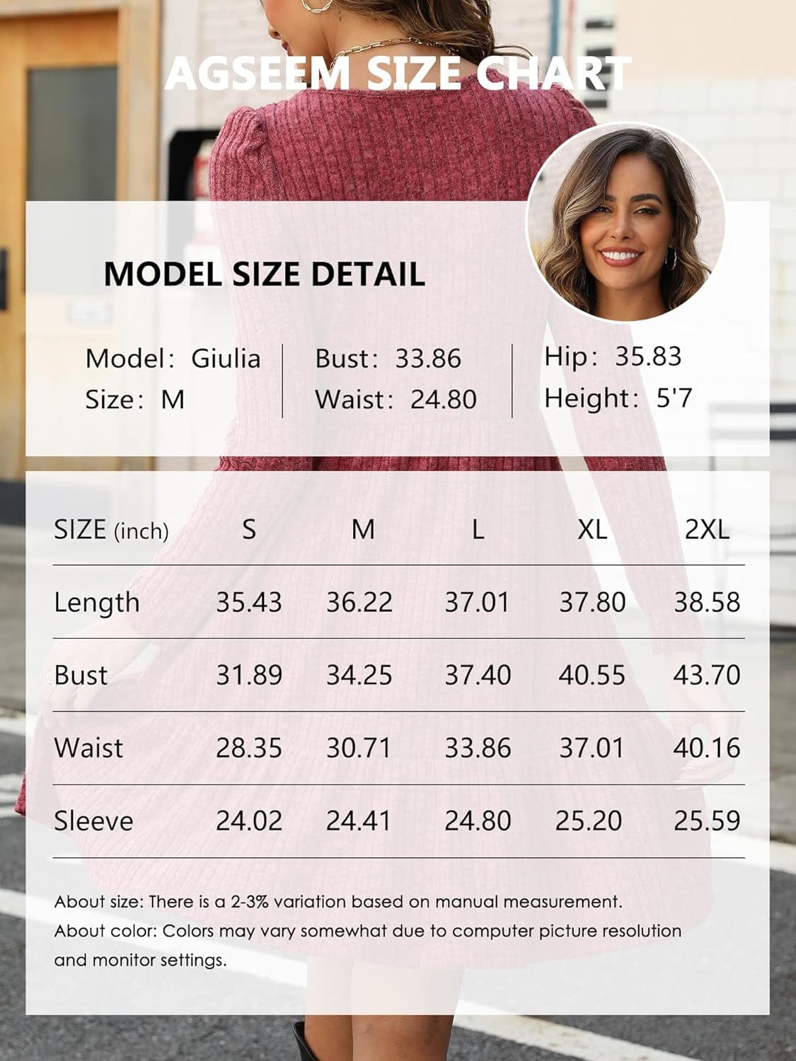 AGSEEM Womens Winter Crewneck Long Sleeve Dresses Knee Length Knit Sweater Dress