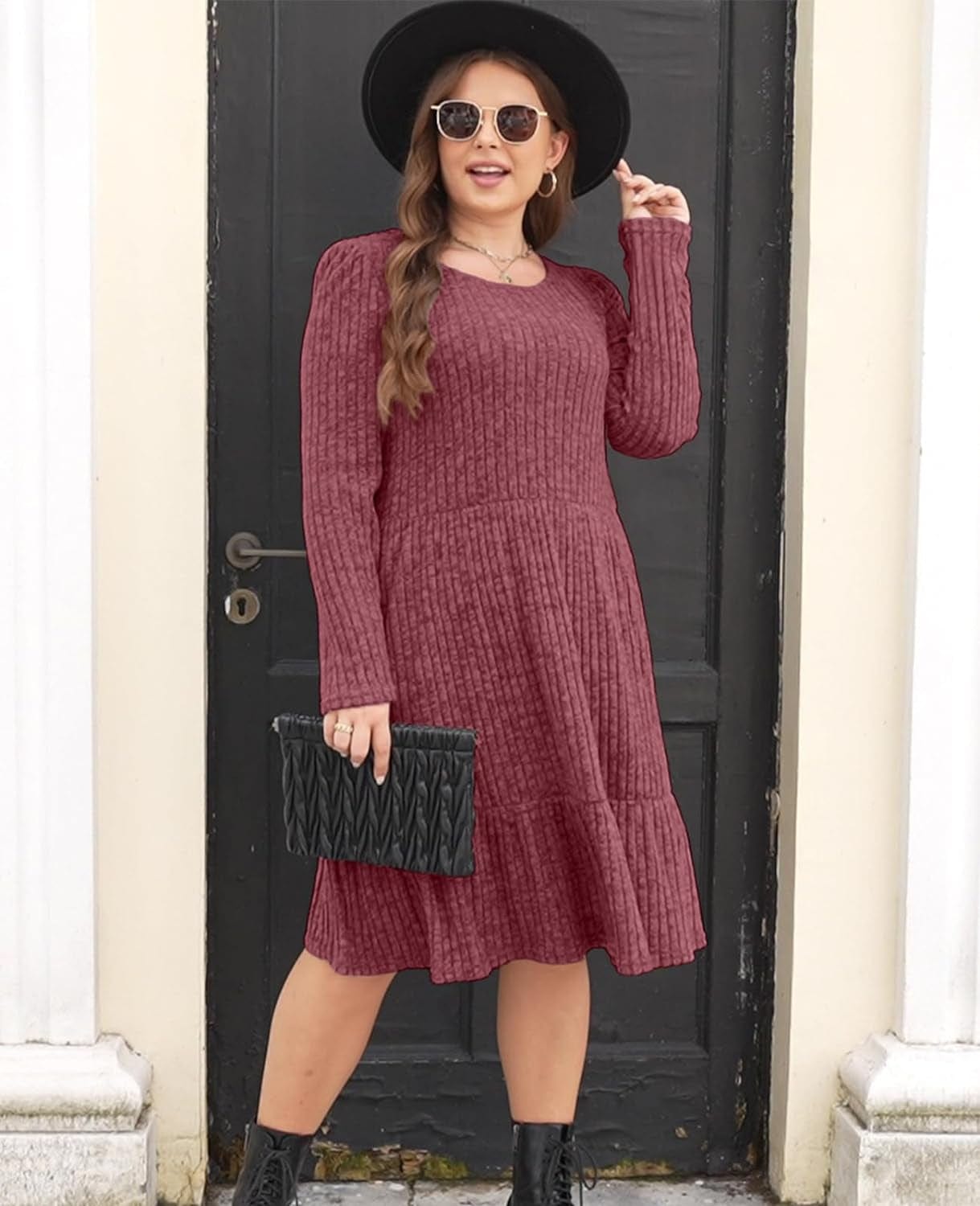 AGSEEM Womens Winter Crewneck Long Sleeve Dresses Knee Length Knit Sweater Dress
