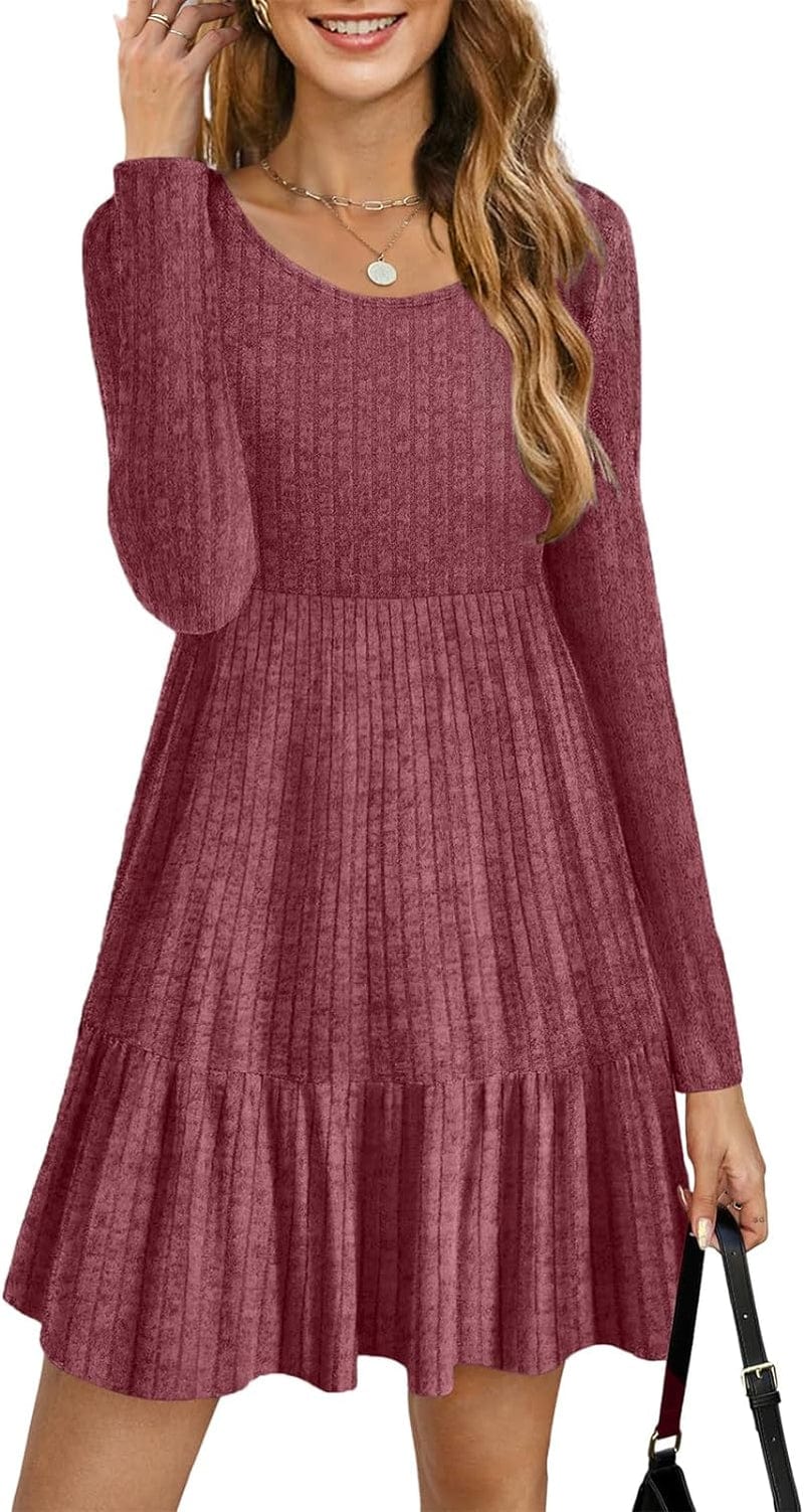 AGSEEM Womens Winter Crewneck Long Sleeve Dresses Knee Length Knit Sweater Dress