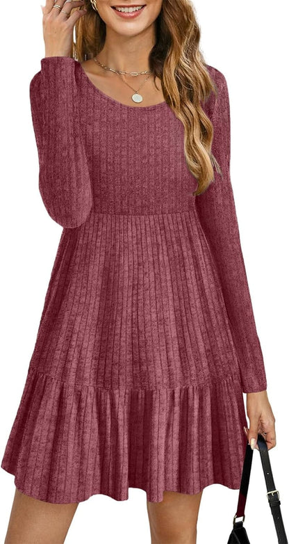 AGSEEM Womens Winter Crewneck Long Sleeve Dresses Knee Length Knit Sweater Dress