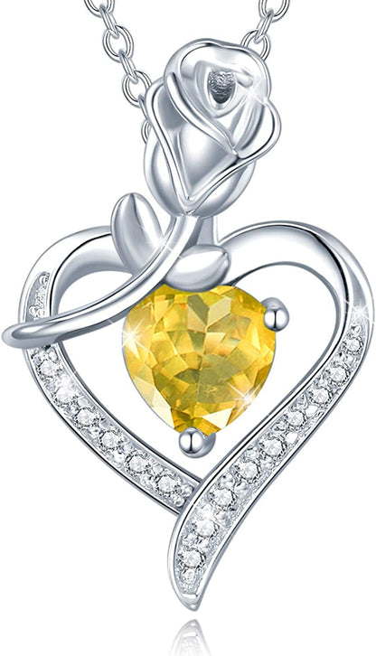 Agvana Fine Jewelry Birthstone Necklace Christmas Gifts for Women Sterling Silver Genuine or Created Gemstone Rose Flower Heart Pendant Necklace Anniversary Birthday Gifts for Women Girls Mom Lady Her 11 Nov - Natural Citrine