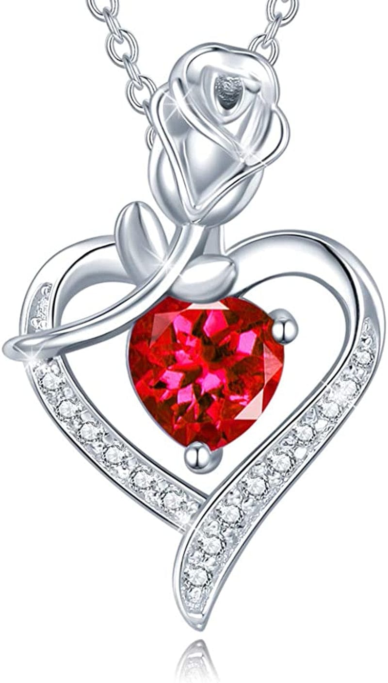 Agvana Fine Jewelry Birthstone Necklace Christmas Gifts for Women Sterling Silver Genuine or Created Gemstone Rose Flower Heart Pendant Necklace Anniversary Birthday Gifts for Women Girls Mom Lady Her 07 Jul - Ruby