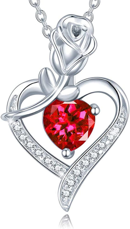 Agvana Fine Jewelry Birthstone Necklace Christmas Gifts for Women Sterling Silver Genuine or Created Gemstone Rose Flower Heart Pendant Necklace Anniversary Birthday Gifts for Women Girls Mom Lady Her 07 Jul - Ruby