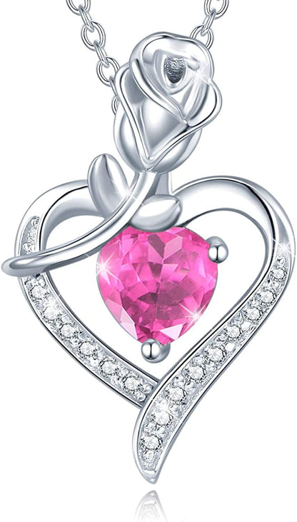 Agvana Fine Jewelry Birthstone Necklace Christmas Gifts for Women Sterling Silver Genuine or Created Gemstone Rose Flower Heart Pendant Necklace Anniversary Birthday Gifts for Women Girls Mom Lady Her 10 Oct - Created Tourmaline