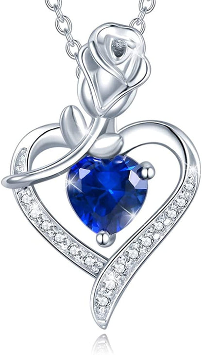 Agvana Fine Jewelry Birthstone Necklace Christmas Gifts for Women Sterling Silver Genuine or Created Gemstone Rose Flower Heart Pendant Necklace Anniversary Birthday Gifts for Women Girls Mom Lady Her 09 Sep - Sapphire