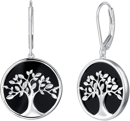 Agvana Tree of Life Necklace Earrings Christmas Gifts for Women Sterling Silver Genuine Black Onyx CZ Family Tree Jewelry Anniversary Birthday Gifts for Women Girls Mom Lady Grandma Wife Yourself Apparel & Accessories > Jewelry > Earrings AGVANA Earrings  