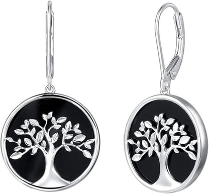 Agvana Tree of Life Necklace Earrings Christmas Gifts for Women Sterling Silver Genuine Black Onyx CZ Family Tree Jewelry Anniversary Birthday Gifts for Women Girls Mom Lady Grandma Wife Yourself Earrings