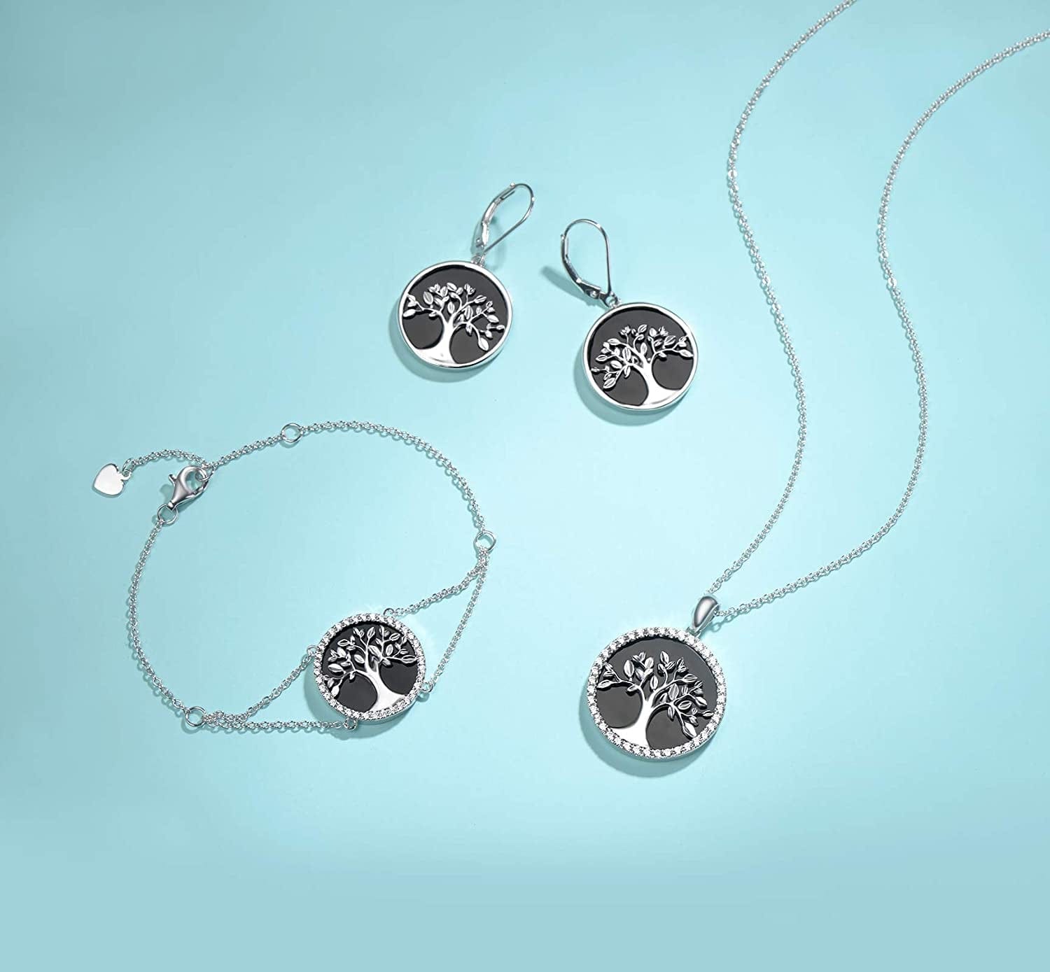 Agvana Tree of Life Necklace Earrings Christmas Gifts for Women Sterling Silver Genuine Black Onyx CZ Family Tree Jewelry Anniversary Birthday Gifts for Women Girls Mom Lady Grandma Wife Yourself