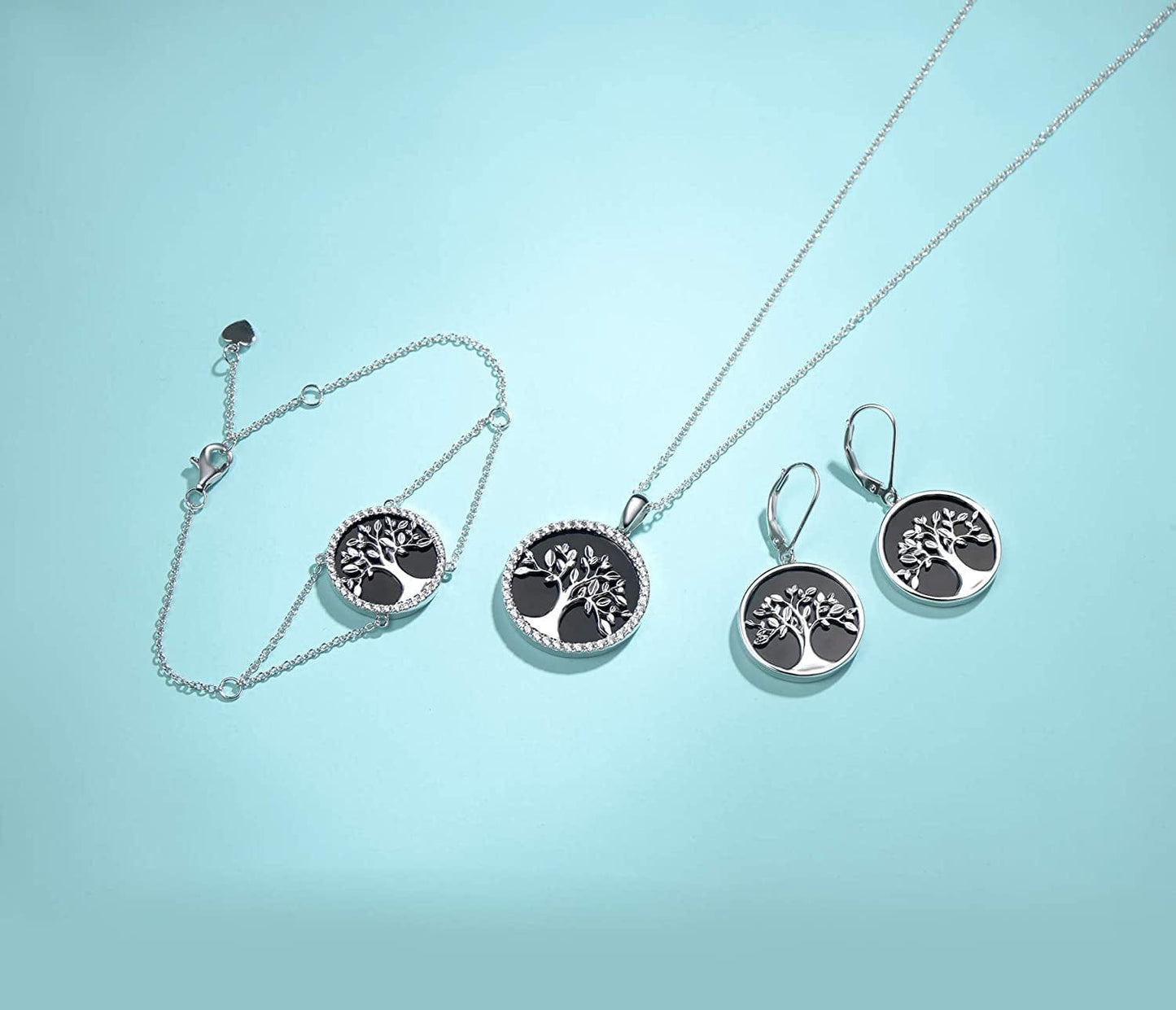 Agvana Tree of Life Necklace Earrings Christmas Gifts for Women Sterling Silver Genuine Black Onyx CZ Family Tree Jewelry Anniversary Birthday Gifts for Women Girls Mom Lady Grandma Wife Yourself