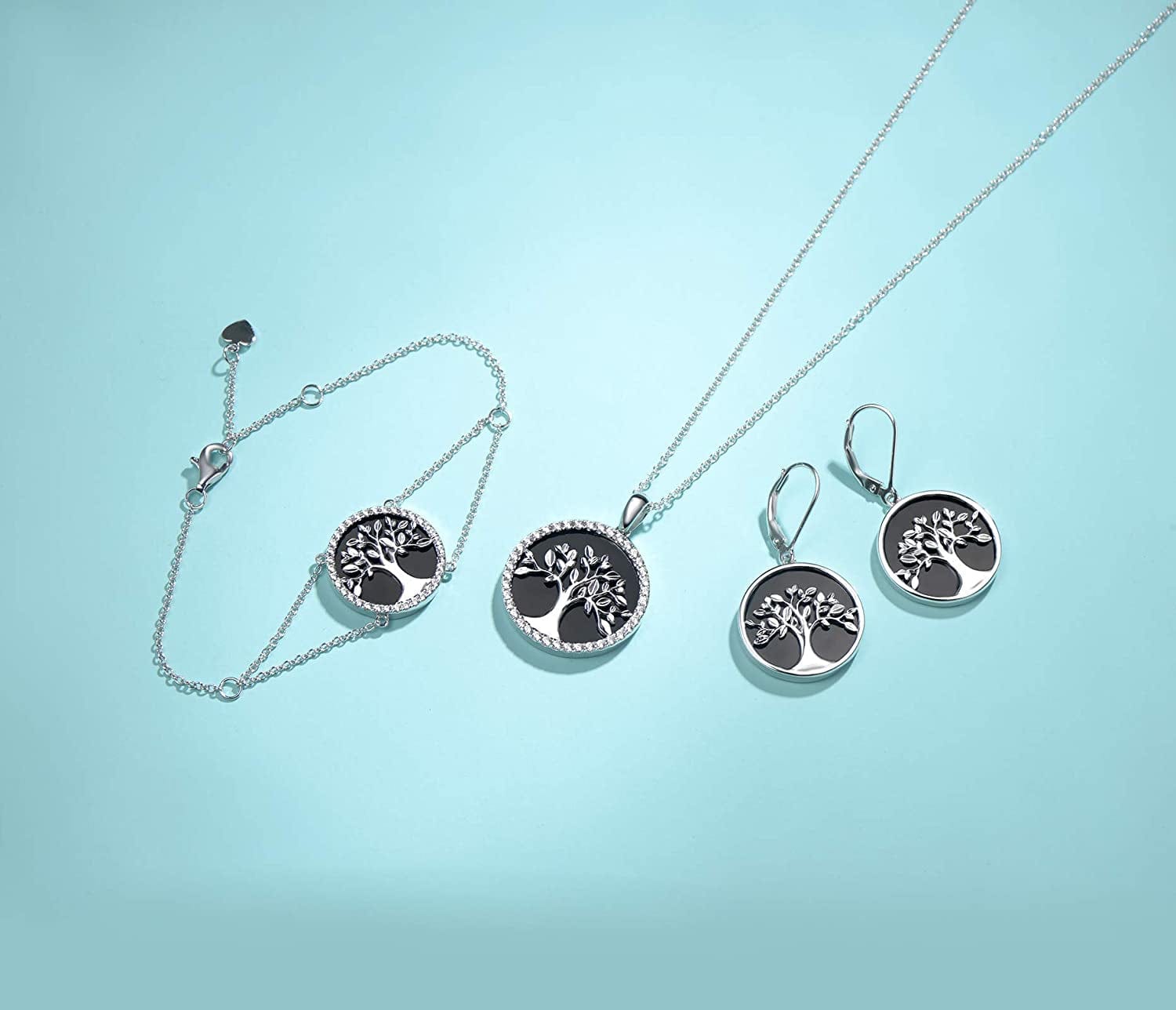 Agvana Tree of Life Necklace Earrings Christmas Gifts for Women Sterling Silver Genuine Black Onyx CZ Family Tree Jewelry Anniversary Birthday Gifts for Women Girls Mom Lady Grandma Wife Yourself