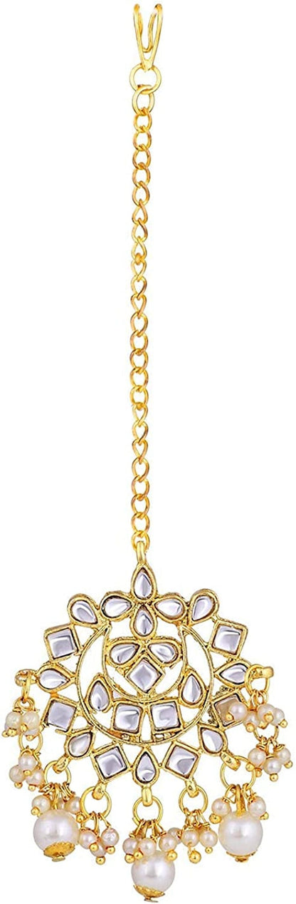 Aheli Elegant Indian Faux Kundan Studded Choker Necklace with Maang Tikka Earrings Set Ethnic Wedding Festive Wear Fashion Jewelry Gift for Women & Girls