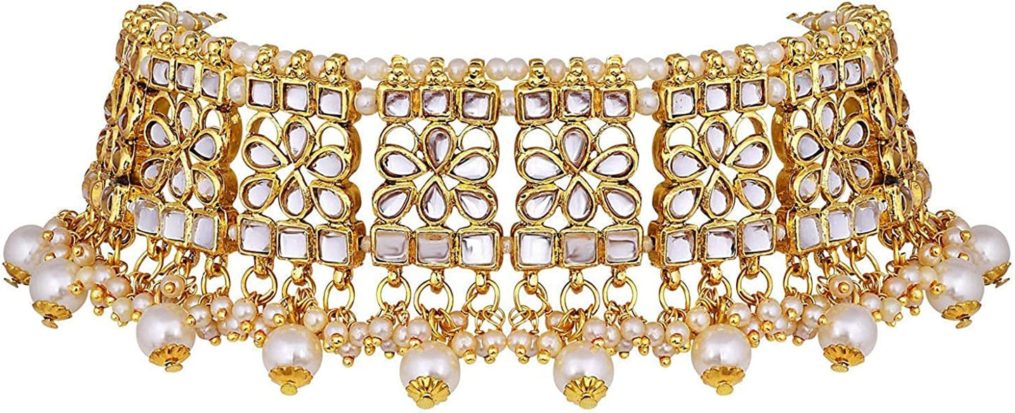 Aheli Elegant Indian Faux Kundan Studded Choker Necklace with Maang Tikka Earrings Set Ethnic Wedding Festive Wear Fashion Jewelry Gift for Women & Girls
