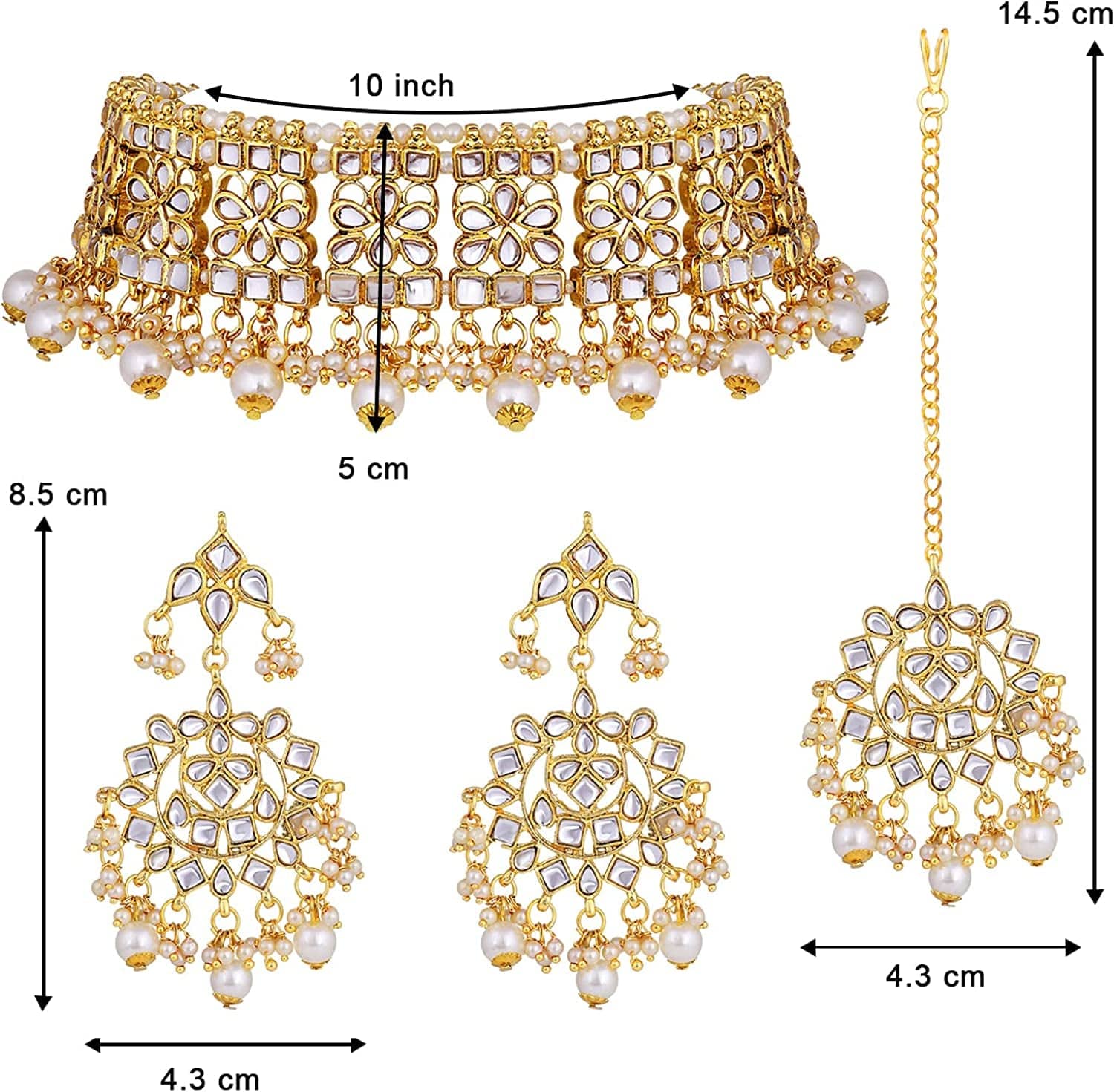 Aheli Elegant Indian Faux Kundan Studded Choker Necklace with Maang Tikka Earrings Set Ethnic Wedding Festive Wear Fashion Jewelry Gift for Women & Girls