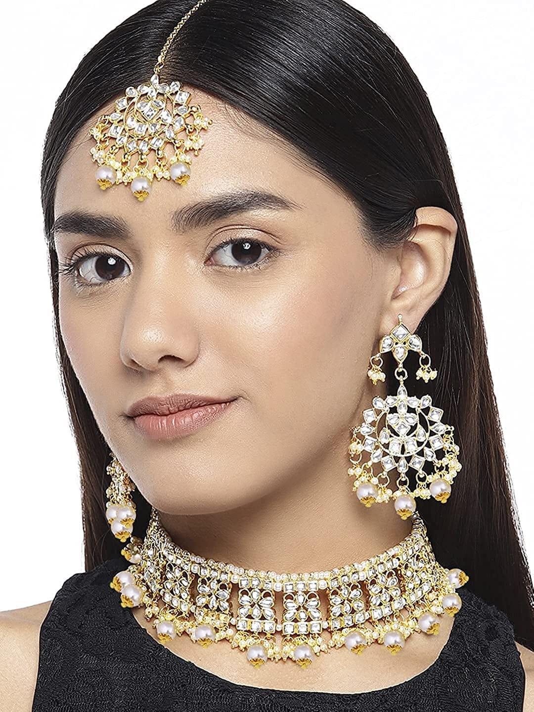 Aheli Elegant Indian Faux Kundan Studded Choker Necklace with Maang Tikka Earrings Set Ethnic Wedding Festive Wear Fashion Jewelry Gift for Women & Girls