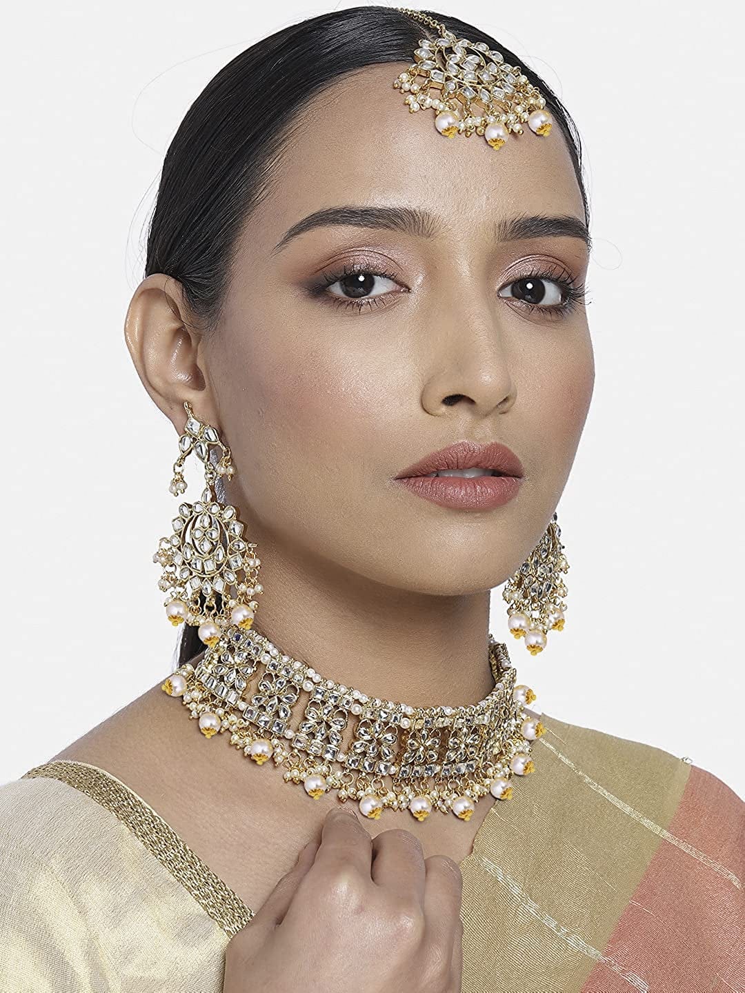Aheli Elegant Indian Faux Kundan Studded Choker Necklace with Maang Tikka Earrings Set Ethnic Wedding Festive Wear Fashion Jewelry Gift for Women & Girls