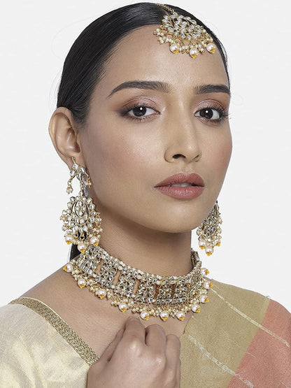 Aheli Elegant Indian Faux Kundan Studded Choker Necklace with Maang Tikka Earrings Set Ethnic Wedding Festive Wear Fashion Jewelry Gift for Women & Girls