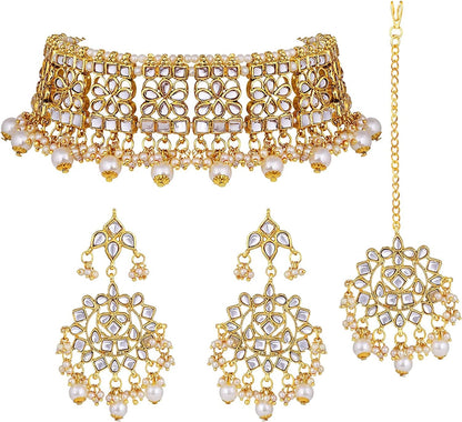 Aheli Elegant Indian Faux Kundan Studded Choker Necklace with Maang Tikka Earrings Set Ethnic Wedding Festive Wear Fashion Jewelry Gift for Women & Girls