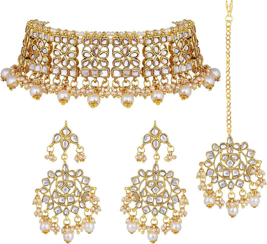 Aheli Elegant Indian Faux Kundan Studded Choker Necklace with Maang Tikka Earrings Set Ethnic Wedding Festive Wear Fashion Jewelry Gift for Women & Girls
