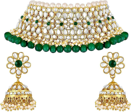 Aheli Elegant Indian Traditional Wedding Wear Kundan Pearl Encrusted Choker Necklace Set with Jhumki Earrings Ethnic Bollywood Party for Women & Girls