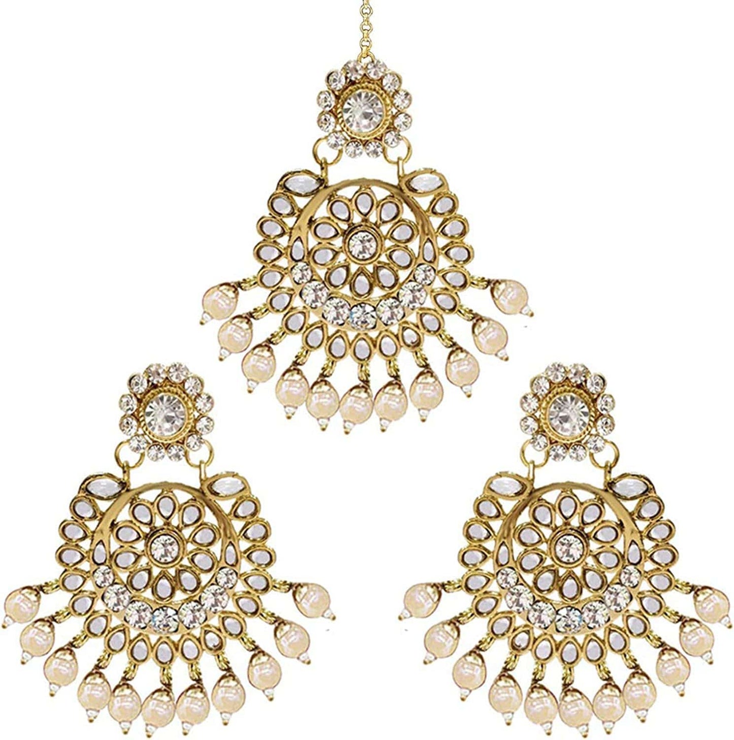Aheli Indian Ethnic Wedding Faux Kundan Beaded Bridal Long Necklace Earrings with Maang Tikka Traditional Jewelry Set Gift for Women Stylish Fashion Jewelry