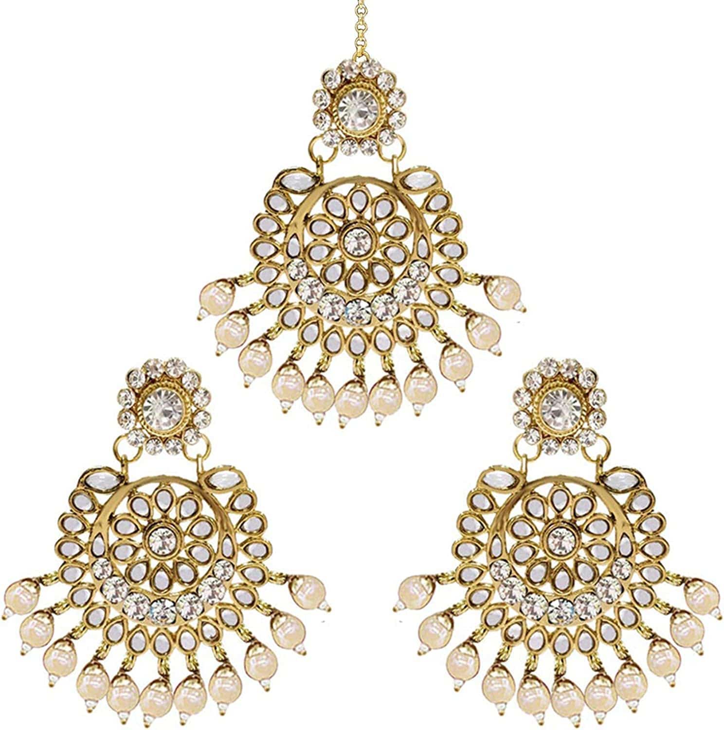 Aheli Indian Ethnic Wedding Faux Kundan Beaded Bridal Long Necklace Earrings with Maang Tikka Traditional Jewelry Set Gift for Women Stylish Fashion Jewelry