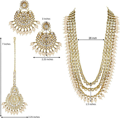 Aheli Indian Ethnic Wedding Faux Kundan Beaded Bridal Long Necklace Earrings with Maang Tikka Traditional Jewelry Set Gift for Women Stylish Fashion Jewelry