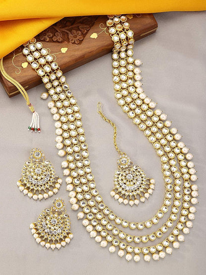 Aheli Indian Ethnic Wedding Faux Kundan Beaded Bridal Long Necklace Earrings with Maang Tikka Traditional Jewelry Set Gift for Women Stylish Fashion Jewelry