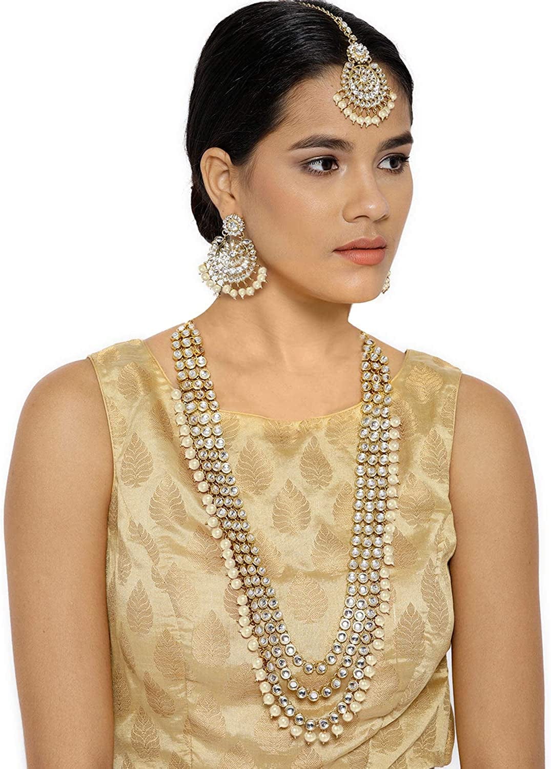Aheli Indian Ethnic Wedding Faux Kundan Beaded Bridal Long Necklace Earrings with Maang Tikka Traditional Jewelry Set Gift for Women Stylish Fashion Jewelry