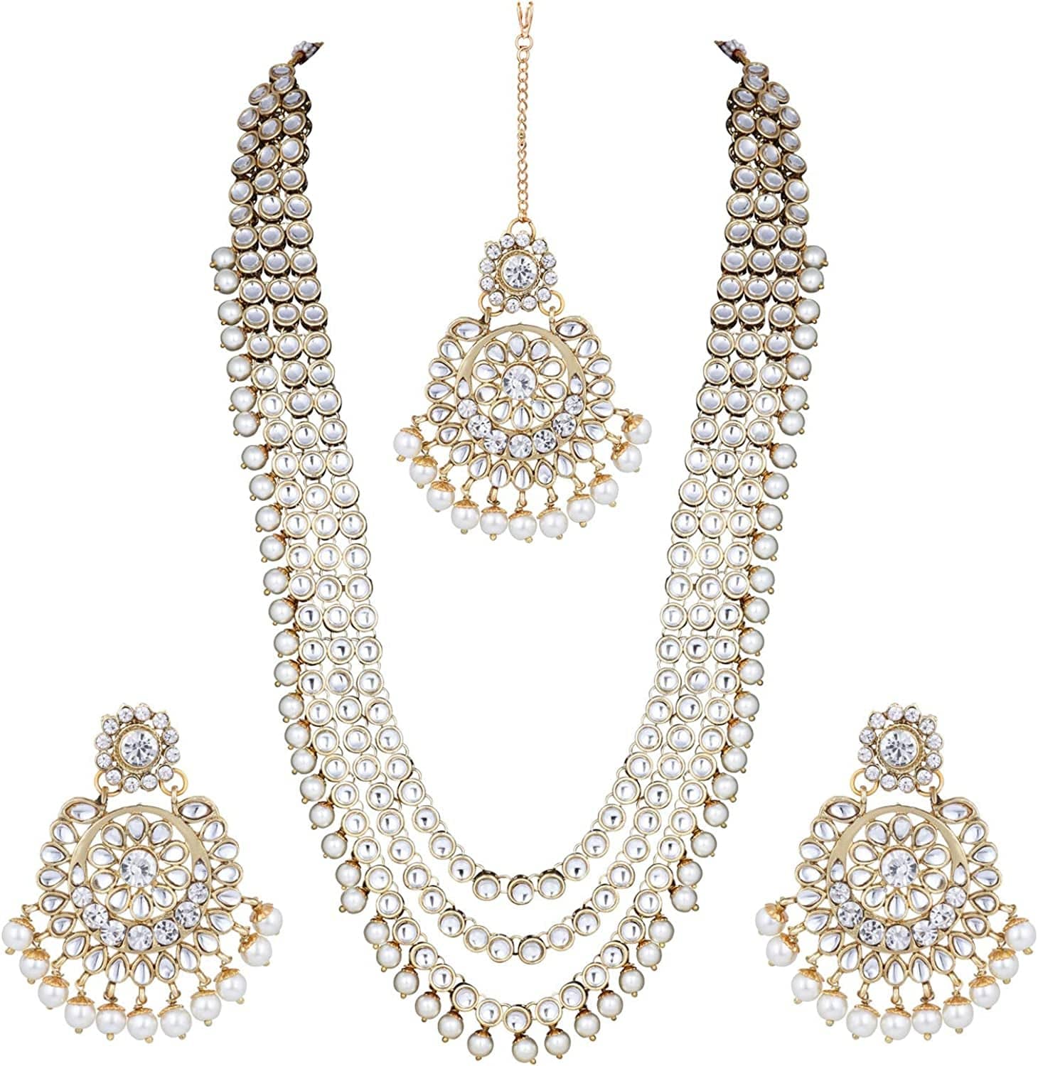Aheli Indian Ethnic Wedding Faux Kundan Beaded Bridal Long Necklace Earrings with Maang Tikka Traditional Jewelry Set Gift for Women Stylish Fashion Jewelry