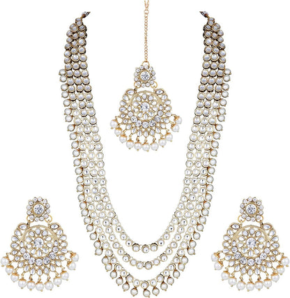 Aheli Indian Ethnic Wedding Faux Kundan Beaded Bridal Long Necklace Earrings with Maang Tikka Traditional Jewelry Set Gift for Women Stylish Fashion Jewelry