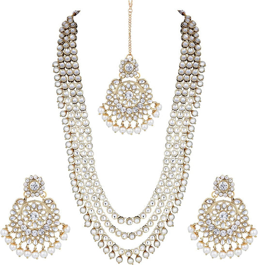 Aheli Indian Ethnic Wedding Faux Kundan Beaded Bridal Long Necklace Earrings with Maang Tikka Traditional Jewelry Set Gift for Women Stylish Fashion Jewelry