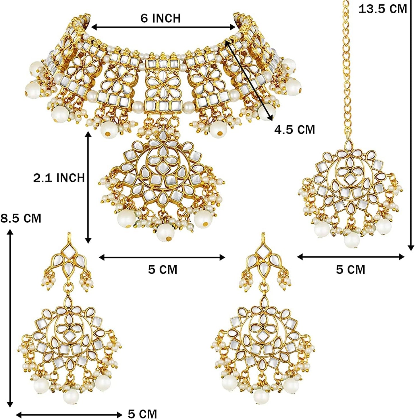 Aheli Indian Traditional Maang Tikka with Kundan Necklace Earrings Set Ethnic Wedding Party Bollywood Stylish Fashion Wear Jewelry Gift for Women Girls