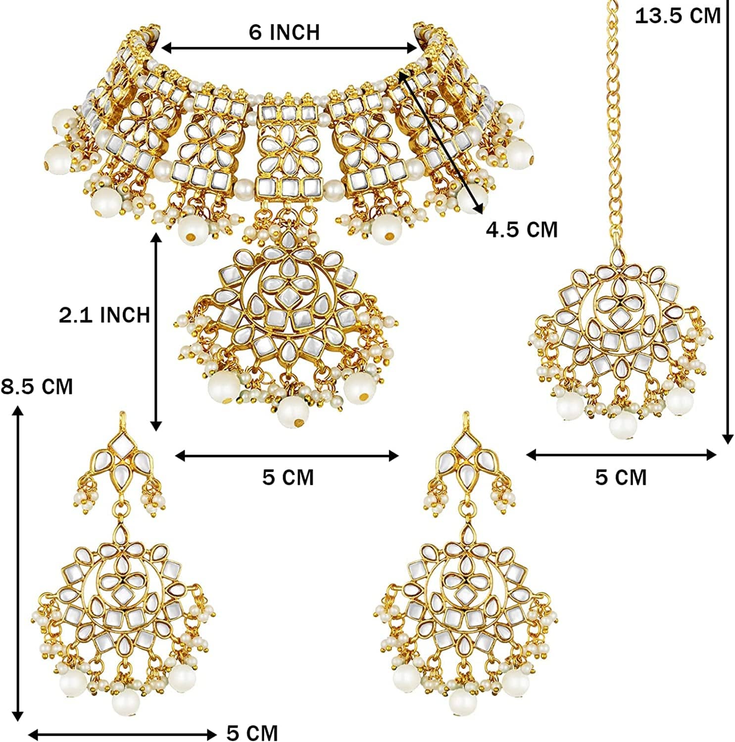 Aheli Indian Traditional Maang Tikka with Kundan Necklace Earrings Set Ethnic Wedding Party Bollywood Stylish Fashion Wear Jewelry Gift for Women Girls