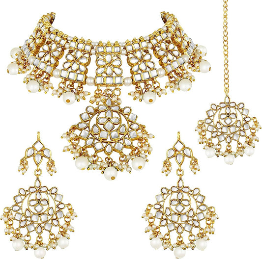 Aheli Indian Traditional Maang Tikka with Kundan Necklace Earrings Set Ethnic Wedding Party Bollywood Stylish Fashion Wear Jewelry Gift for Women Girls