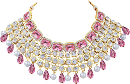 Aheli Kundan and Simulated Colored Stones Indian Ethnic Maang Tikka Necklace and Earrings Set Bollywood Festive Statement Jewelry for Women Girls