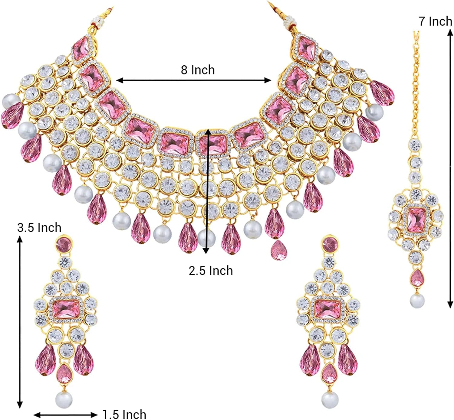 Aheli Kundan and Simulated Colored Stones Indian Ethnic Maang Tikka Necklace and Earrings Set Bollywood Festive Statement Jewelry for Women Girls