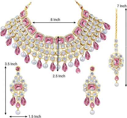 Aheli Kundan and Simulated Colored Stones Indian Ethnic Maang Tikka Necklace and Earrings Set Bollywood Festive Statement Jewelry for Women Girls