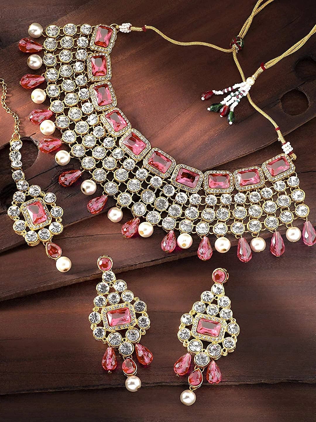 Aheli Kundan and Simulated Colored Stones Indian Ethnic Maang Tikka Necklace and Earrings Set Bollywood Festive Statement Jewelry for Women Girls