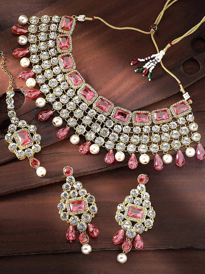 Aheli Kundan and Simulated Colored Stones Indian Ethnic Maang Tikka Necklace and Earrings Set Bollywood Festive Statement Jewelry for Women Girls