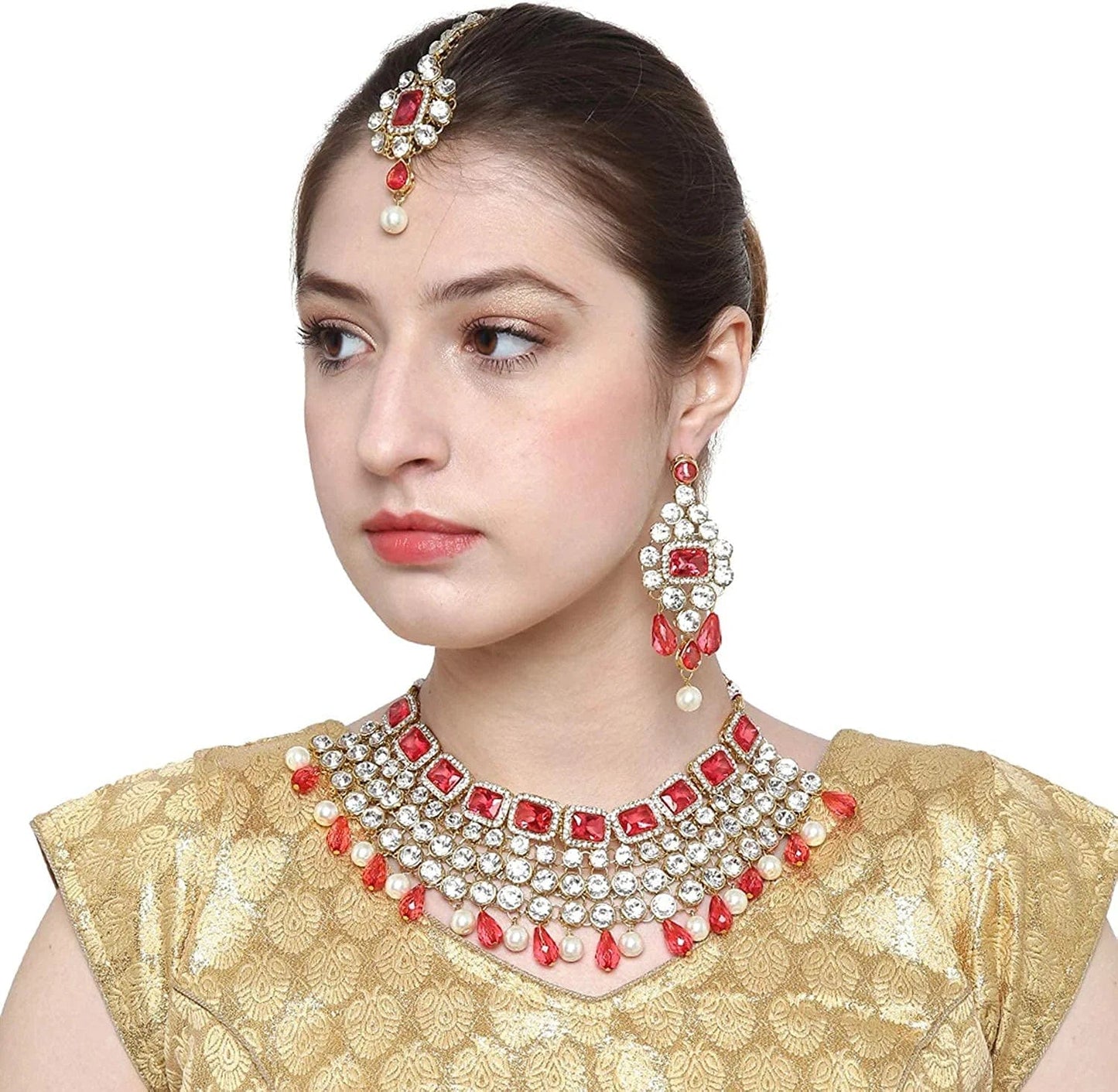 Aheli Kundan and Simulated Colored Stones Indian Ethnic Maang Tikka Necklace and Earrings Set Bollywood Festive Statement Jewelry for Women Girls