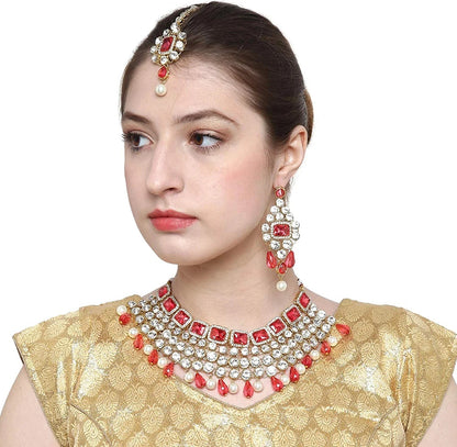 Aheli Kundan and Simulated Colored Stones Indian Ethnic Maang Tikka Necklace and Earrings Set Bollywood Festive Statement Jewelry for Women Girls