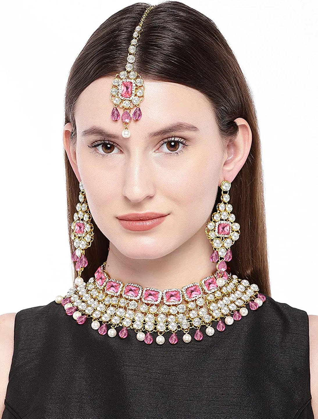 Aheli Kundan and Simulated Colored Stones Indian Ethnic Maang Tikka Necklace and Earrings Set Bollywood Festive Statement Jewelry for Women Girls