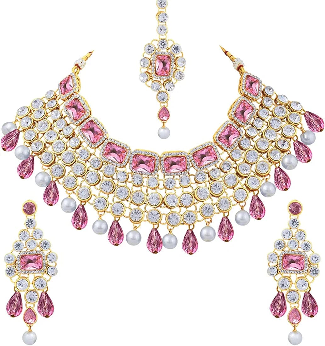 Aheli Kundan and Simulated Colored Stones Indian Ethnic Maang Tikka Necklace and Earrings Set Bollywood Festive Statement Jewelry for Women Girls