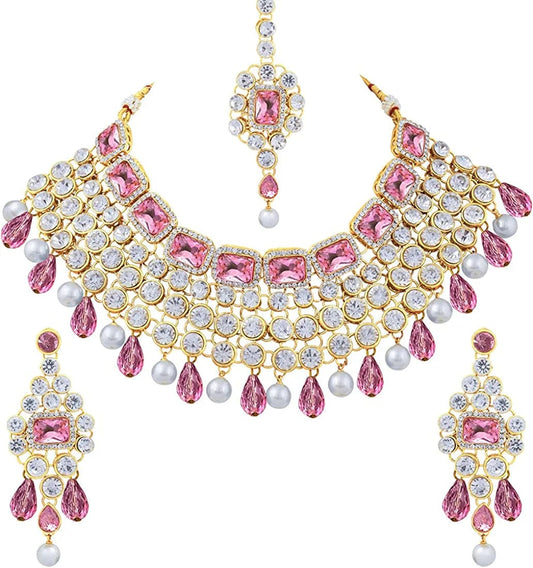 Aheli Kundan and Simulated Colored Stones Indian Ethnic Maang Tikka Necklace and Earrings Set Bollywood Festive Statement Jewelry for Women Girls