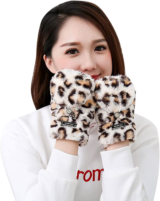 AIBEARTY Women Girls Winter Warm Gloves Plush Leopard Print Convertible Flip Top Gloves Half Finger Fingerless Mittens Apparel & Accessories > Clothing Accessories > Gloves & Mittens AIBEARTY   