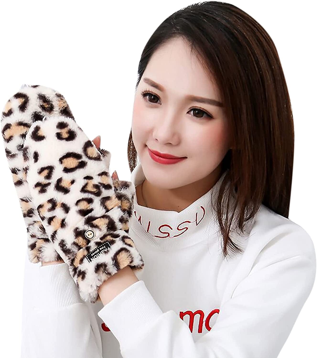 AIBEARTY Women Girls Winter Warm Gloves Plush Leopard Print Convertible Flip Top Gloves Half Finger Fingerless Mittens Apparel & Accessories > Clothing Accessories > Gloves & Mittens AIBEARTY   
