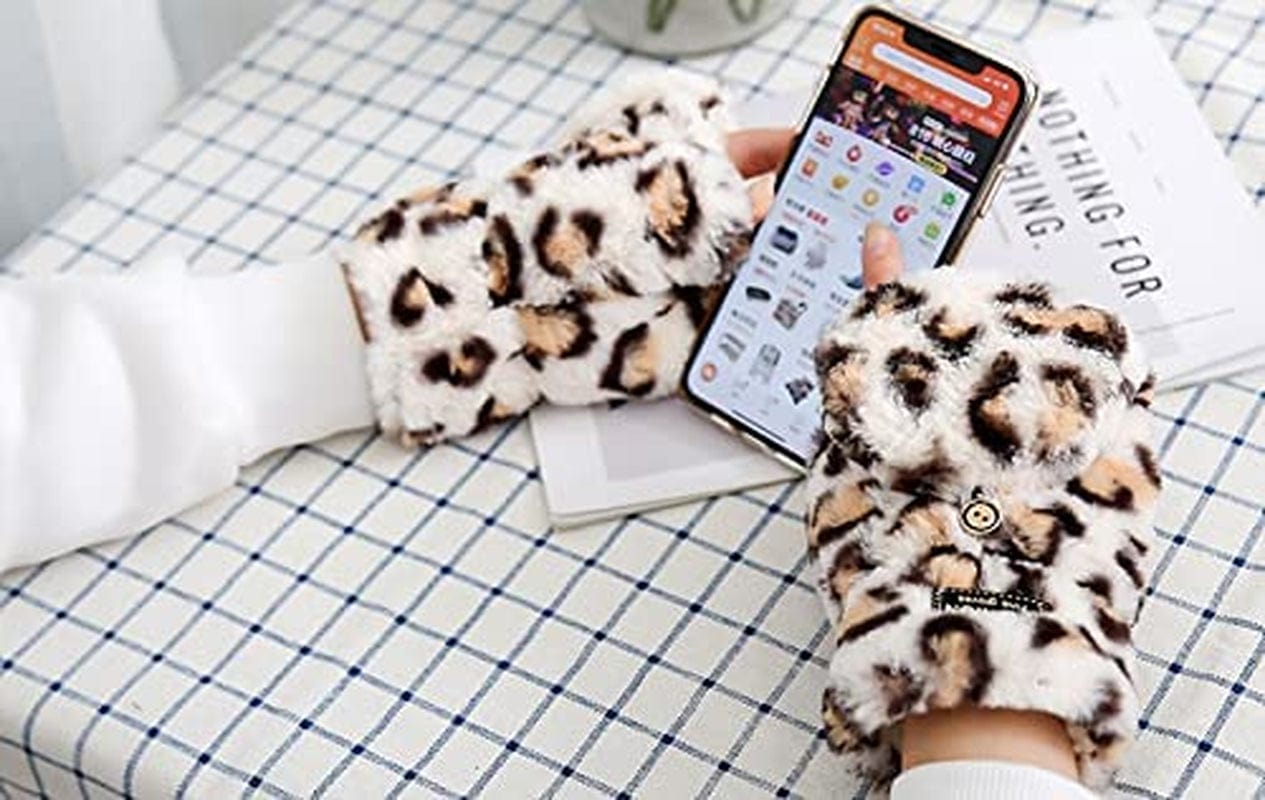 AIBEARTY Women Girls Winter Warm Gloves Plush Leopard Print Convertible Flip Top Gloves Half Finger Fingerless Mittens Apparel & Accessories > Clothing Accessories > Gloves & Mittens AIBEARTY   