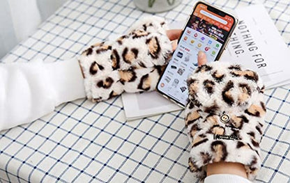 AIBEARTY Women Girls Winter Warm Gloves Plush Leopard Print Convertible Flip Top Gloves Half Finger Fingerless Mittens Apparel & Accessories > Clothing Accessories > Gloves & Mittens AIBEARTY   
