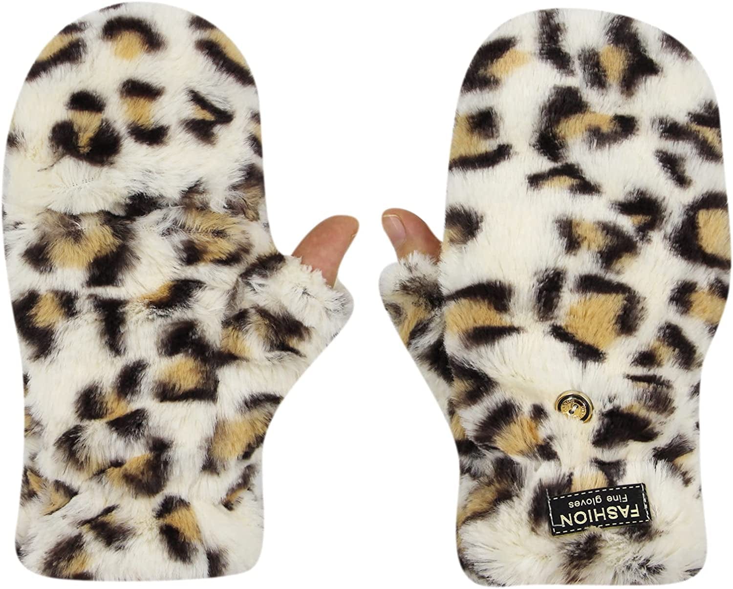 AIBEARTY Women Girls Winter Warm Gloves Plush Leopard Print Convertible Flip Top Gloves Half Finger Fingerless Mittens Apparel & Accessories > Clothing Accessories > Gloves & Mittens AIBEARTY   